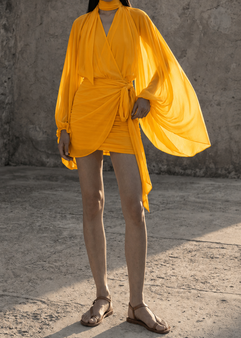 Draped V-neckline beneath a shawl-form high collar PHAGE Paris