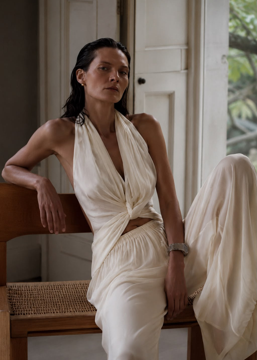Aquamarine chiffon blouse, halter neckline, waist cut-out, open back PHAGE Paris
