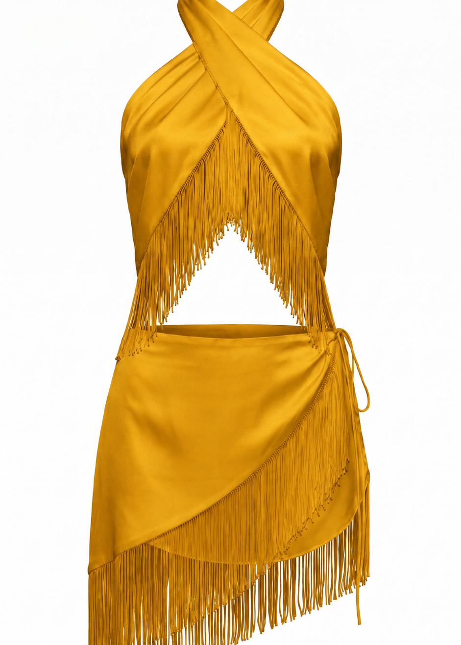 Asymmetric wrap mini skirt with layered fringe and side tie, saffron. PHAGE Paris