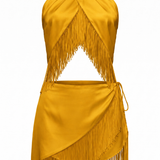 Asymmetric wrap mini skirt with layered fringe and side tie, saffron. PHAGE Paris