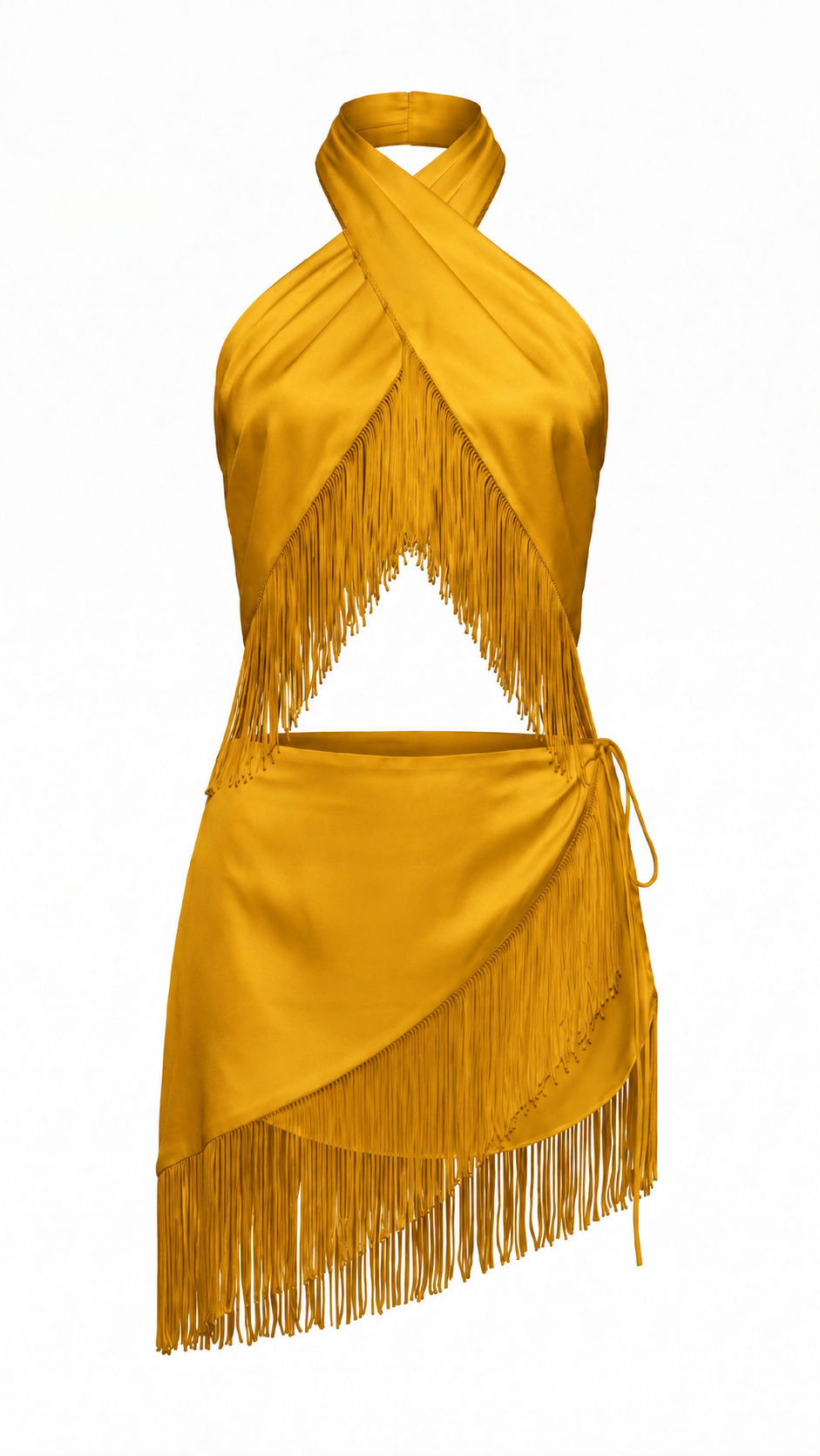 Asymmetric wrap mini skirt with layered fringe and side tie, saffron. PHAGE Paris