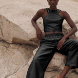 Black satin set with a fully exposed back and clean front lines – PHAGE Paris