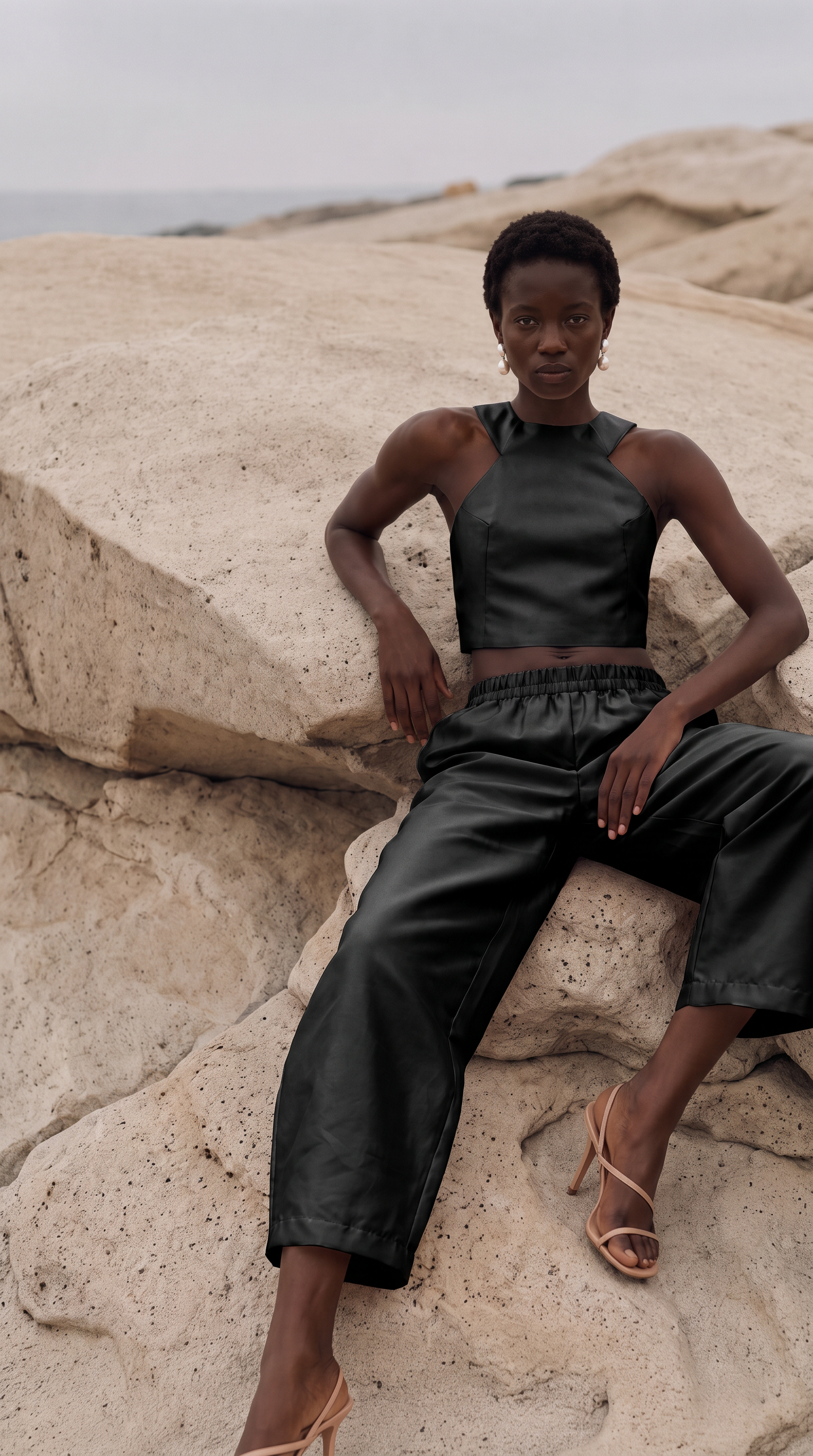 Black satin set with a fully exposed back and clean front lines – PHAGE Paris
