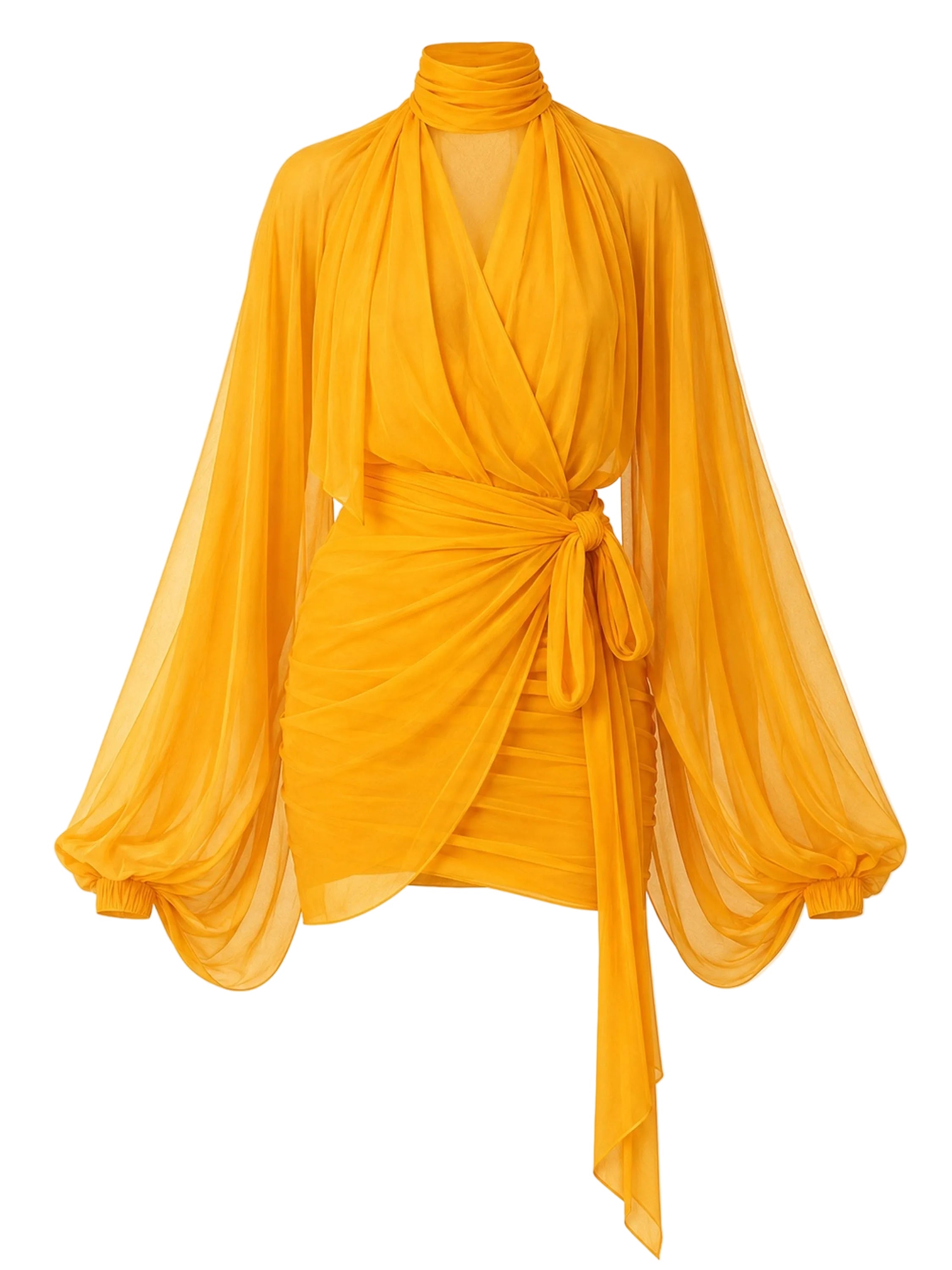 Antique sunset yellow chiffon mini dress in a fluid wrap silhouette PHAGE Paris
