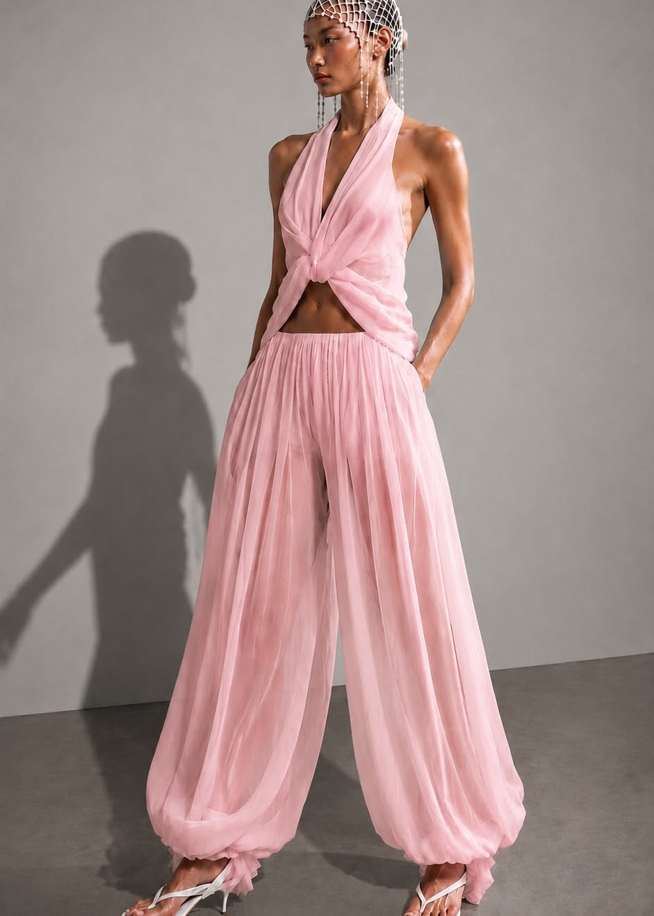 Soft-handfeel chiffon halter blouse in aquamarine with draped knot PHAGE Paris