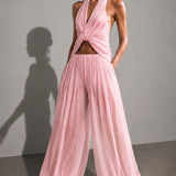 Soft-handfeel chiffon halter blouse in aquamarine with draped knot PHAGE Paris