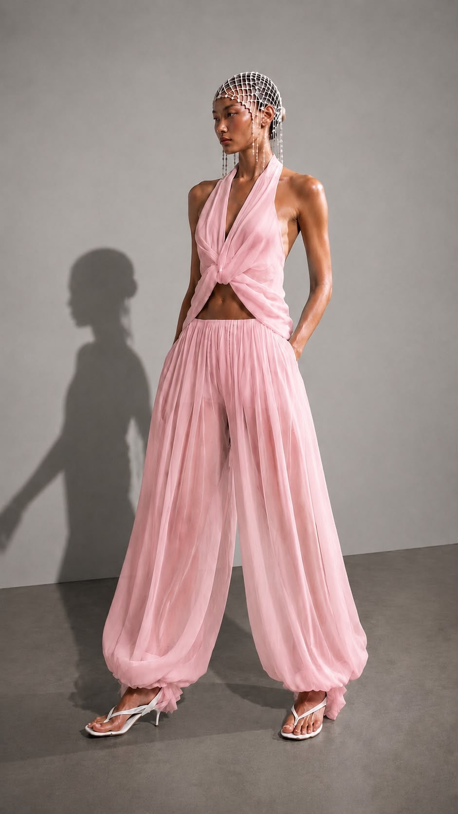 Soft-handfeel chiffon halter blouse in aquamarine with draped knot PHAGE Paris