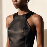 Deep black satin two-piece set with crop top and wide-leg trousers – PHAGE Paris