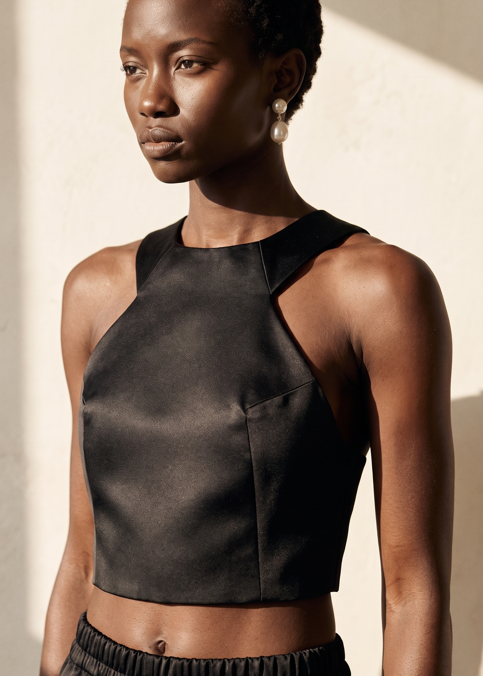 Deep black satin two-piece set with crop top and wide-leg trousers – PHAGE Paris