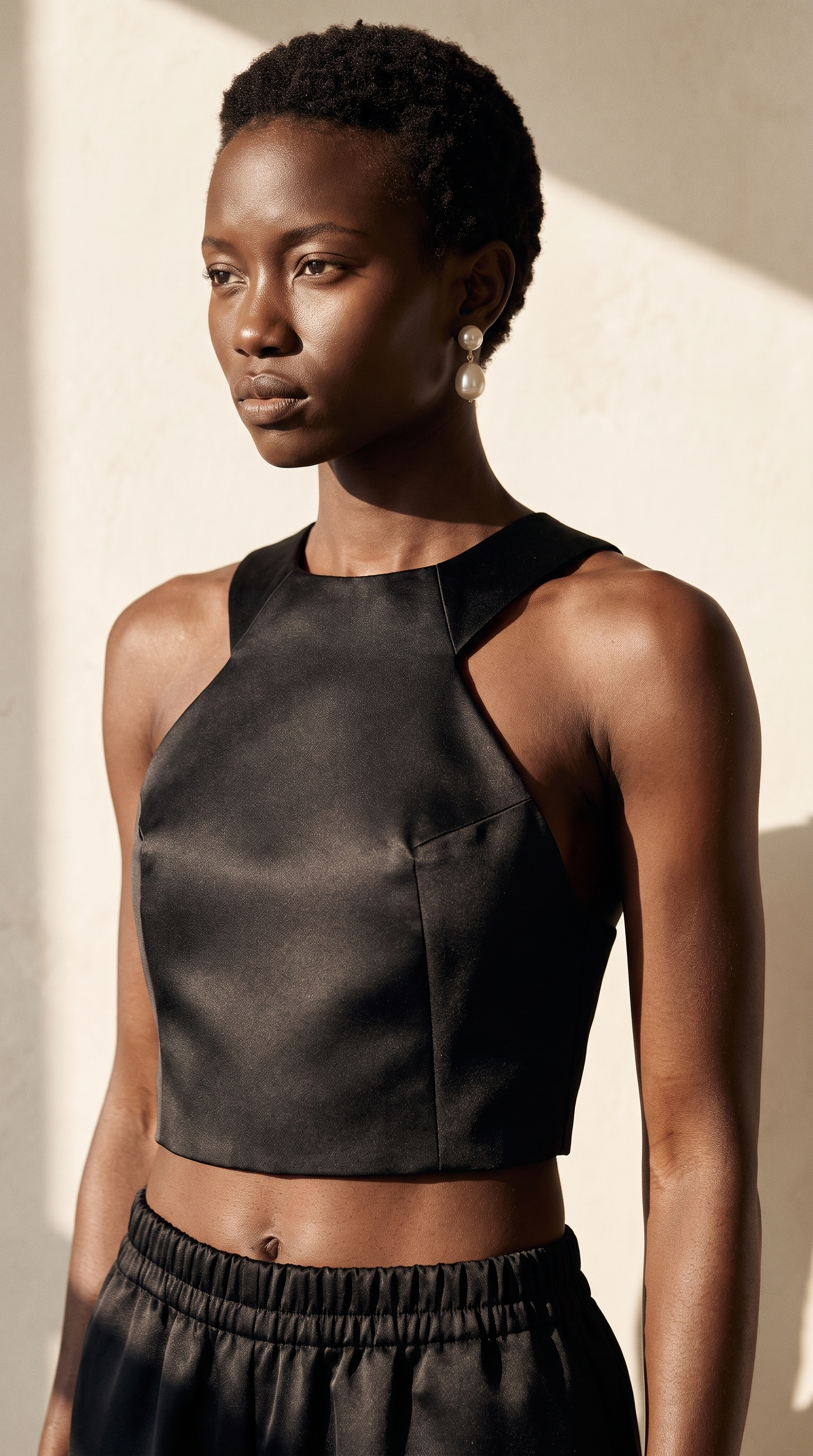 Deep black satin two-piece set with crop top and wide-leg trousers – PHAGE Paris