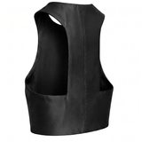 High modern neckline on a sculpted black satin crop top – PHAGE Paris