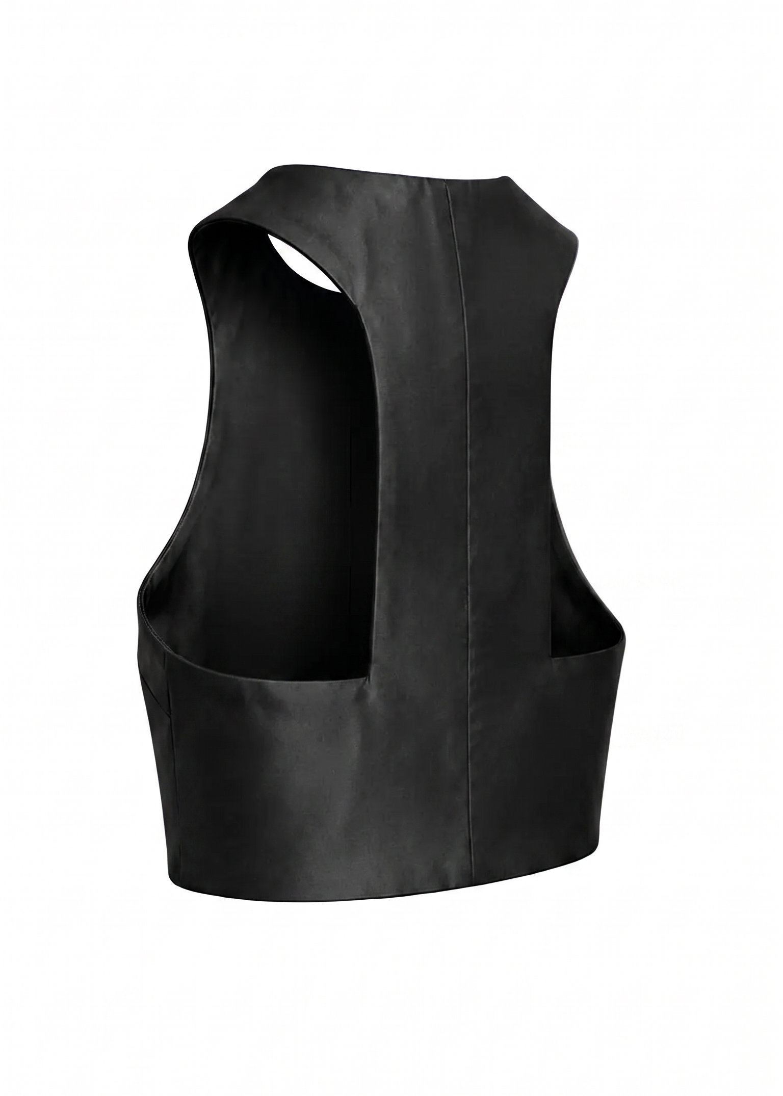 High modern neckline on a sculpted black satin crop top – PHAGE Paris