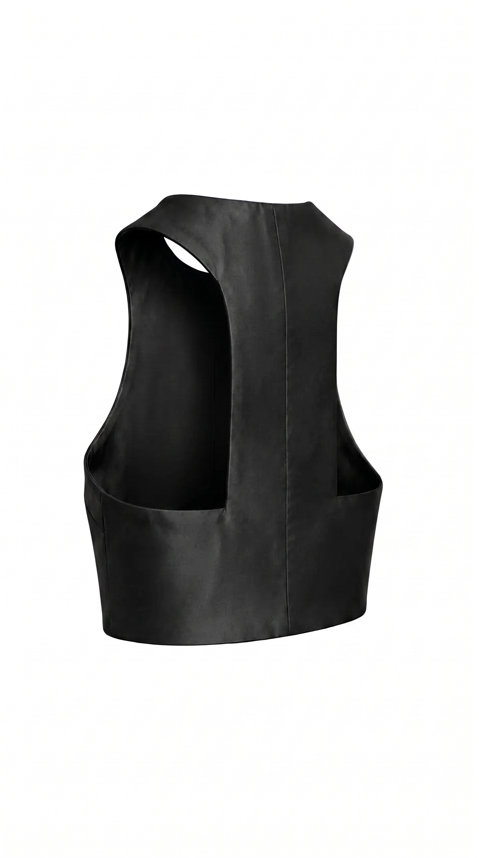 High modern neckline on a sculpted black satin crop top – PHAGE Paris