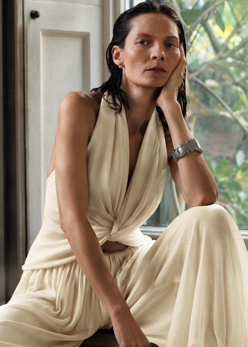 Deep halter neckline and open back in aquamarine matte chiffon PHAGE Paris