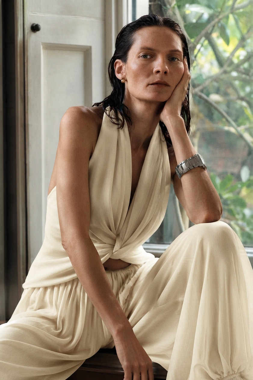 Deep halter neckline and open back in aquamarine matte chiffon PHAGE Paris