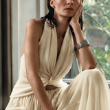 Deep halter neckline and open back in aquamarine matte chiffon PHAGE Paris