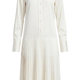 Pearl white shirt dress in silky lustrous satin with a pleated midi skirt PHAGE Paris