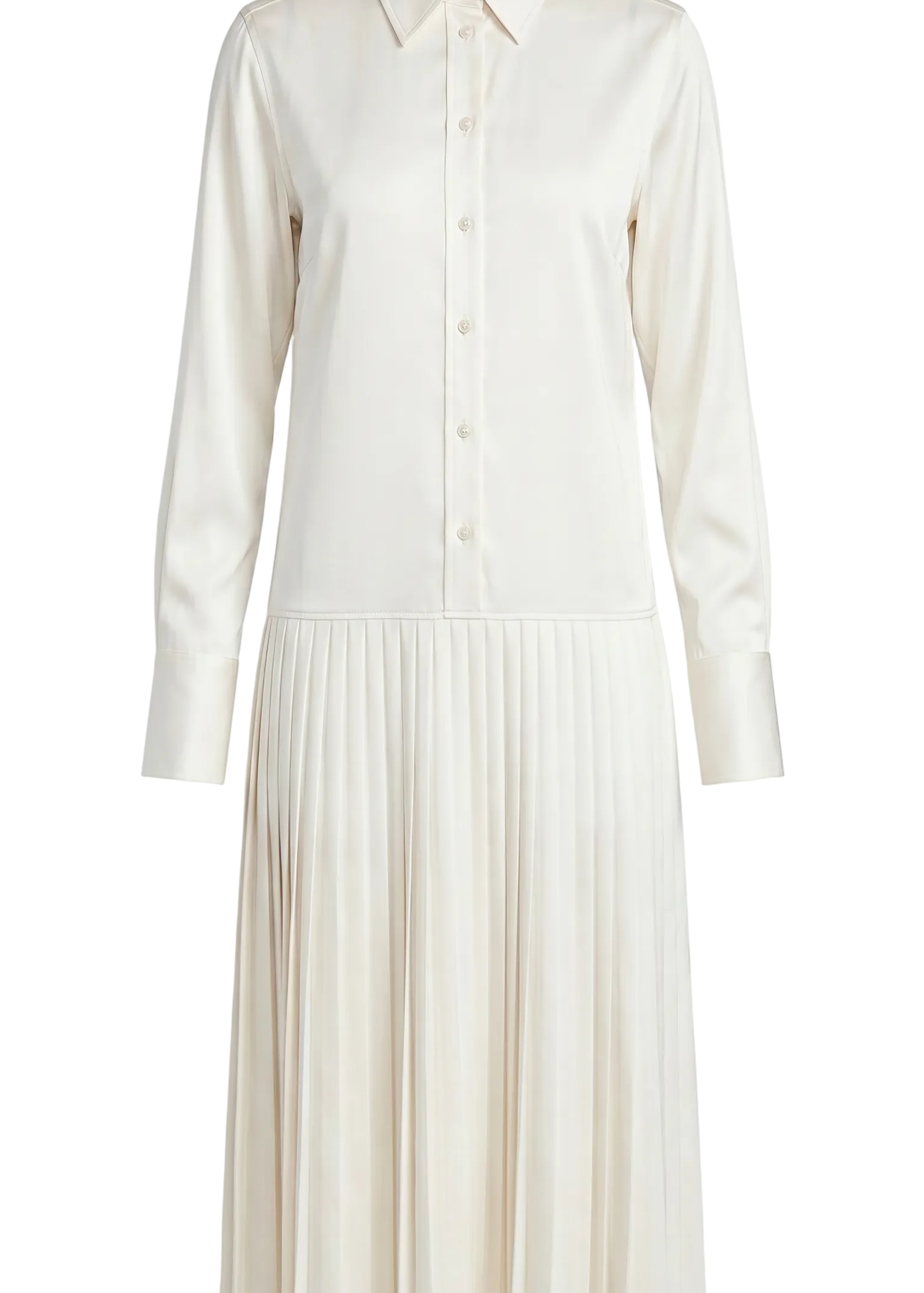 Pearl white shirt dress in silky lustrous satin with a pleated midi skirt PHAGE Paris
