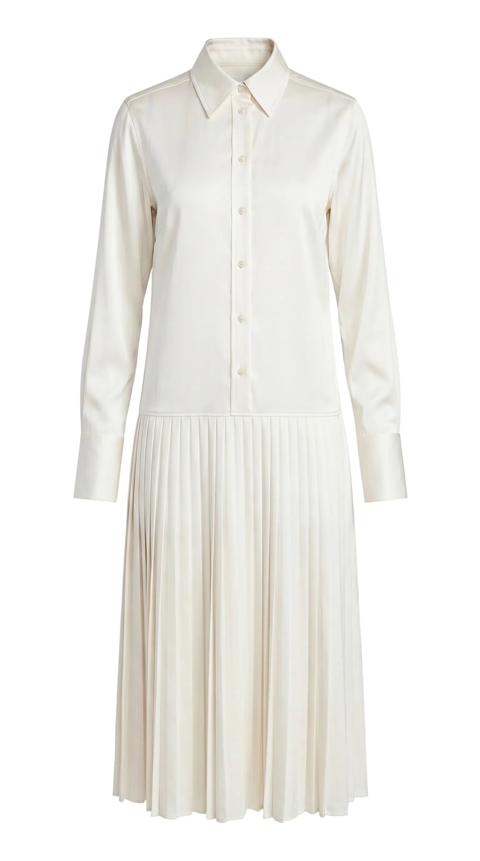 Pearl white shirt dress in silky lustrous satin with a pleated midi skirt PHAGE Paris