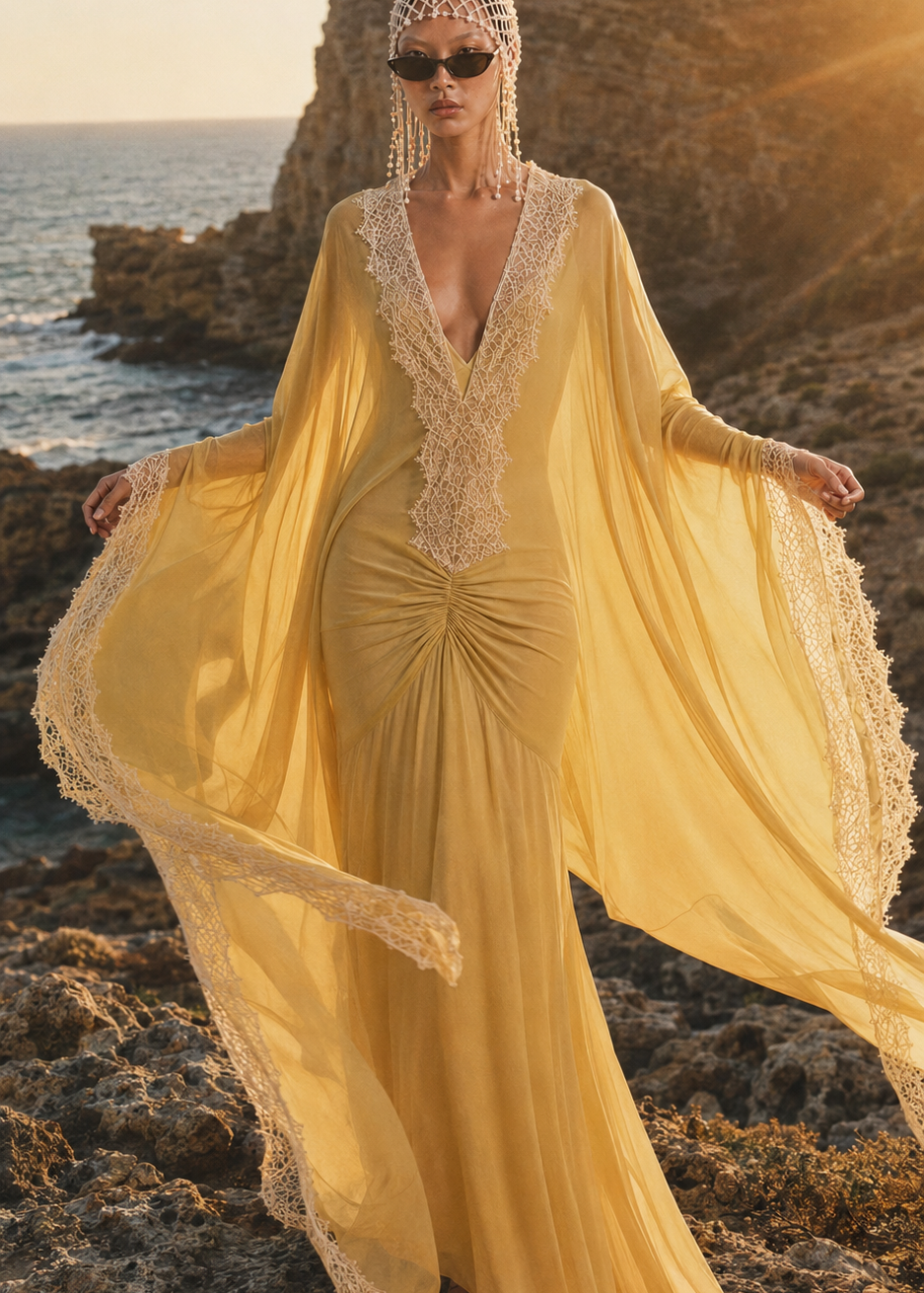 Deep V-neckline framed by a long lace panel across the bodice PHAGE Paris