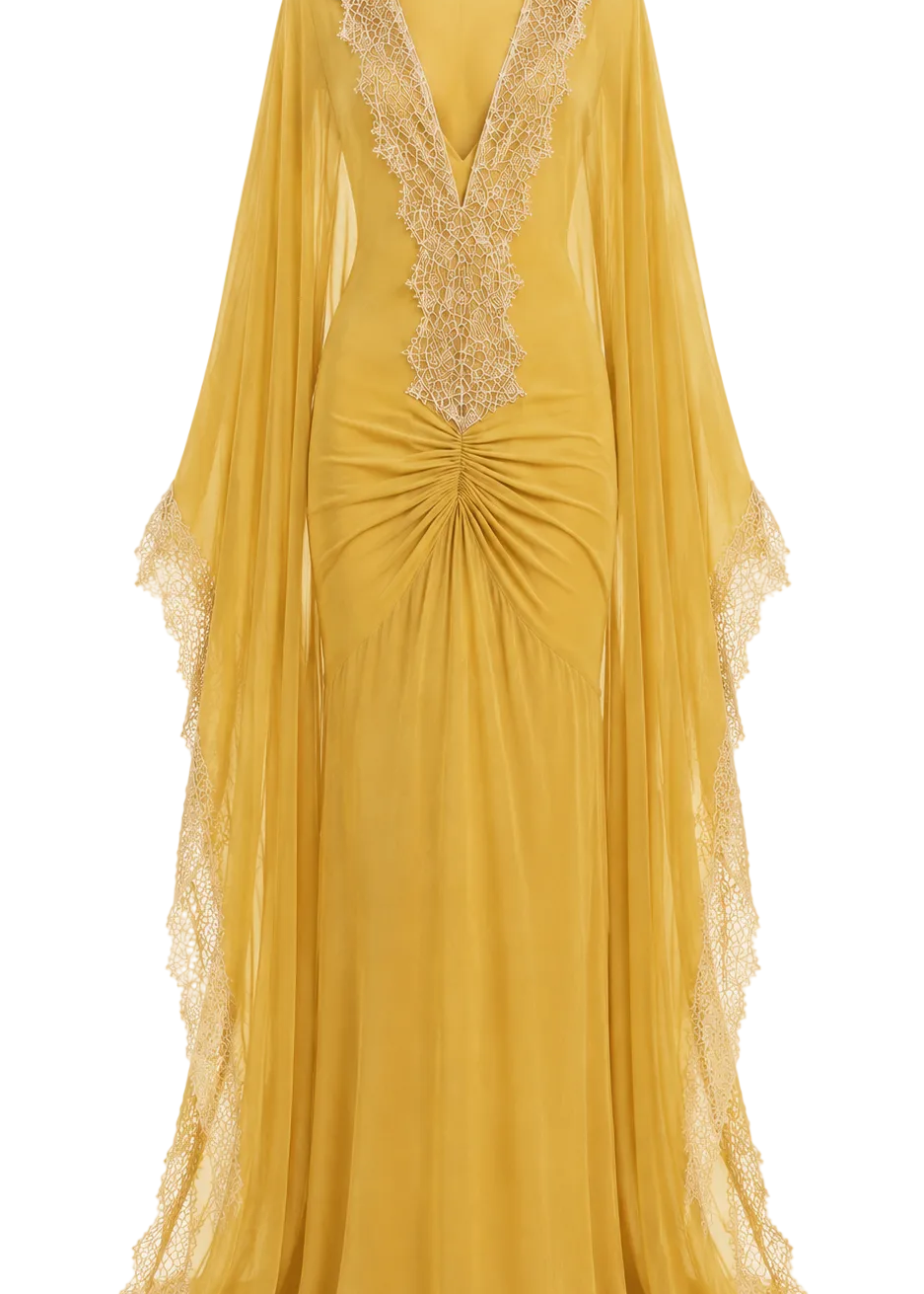 Antique sunset yellow chiffon maxi dress with ecru lace trims PHAGE Paris