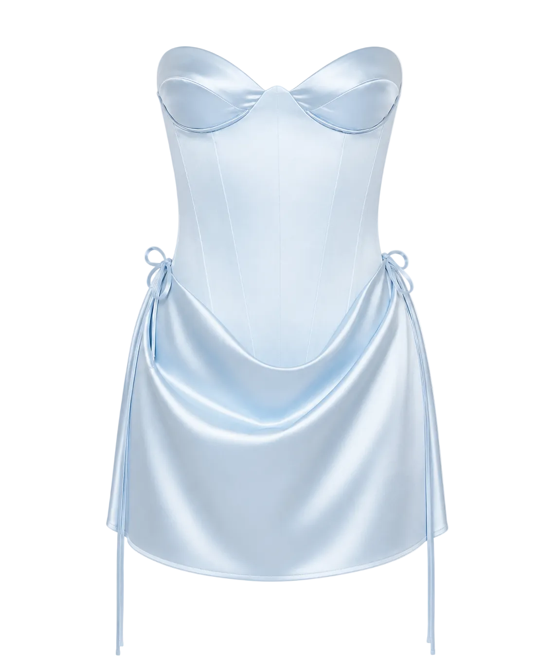 Éther Silk Corset Mini Dress in ice blue silk-look satin with a structured corset bodice. PHAGE Paris