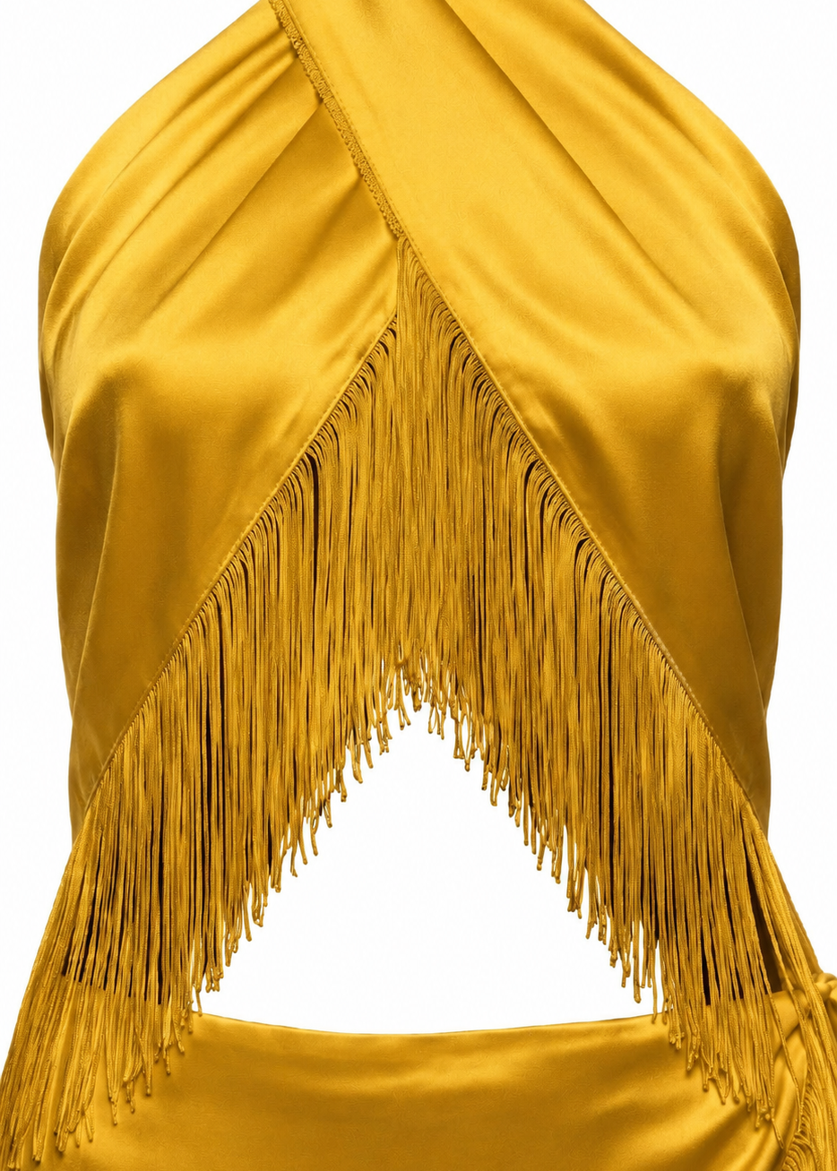 Halter neckline with an open-back design in saffron yellow satin. PHAGE Paris