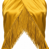 Halter neckline with an open-back design in saffron yellow satin. PHAGE Paris
