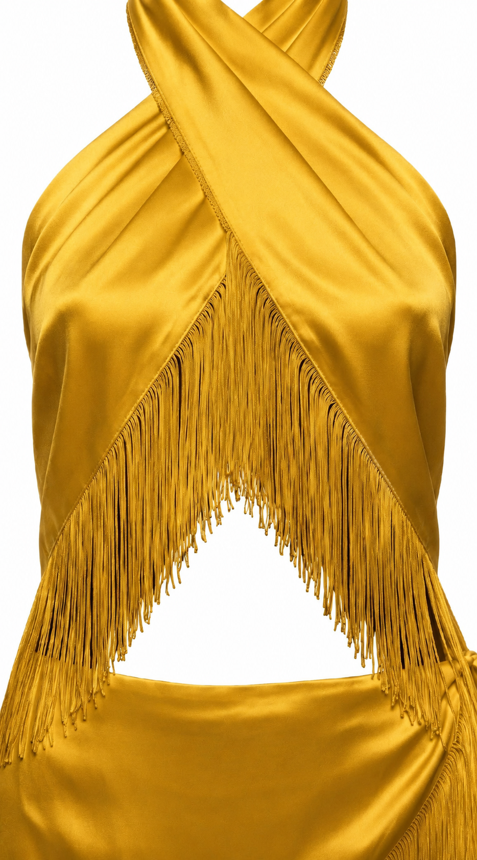 Halter neckline with an open-back design in saffron yellow satin. PHAGE Paris