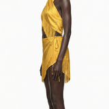 Saffron yellow viscose satin set with hand-crafted-look fringe. PHAGE Paris