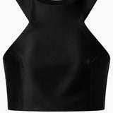 Noir Perlé black satin crop top with shaping darts and a high, modern neckline. PHAGE Paris