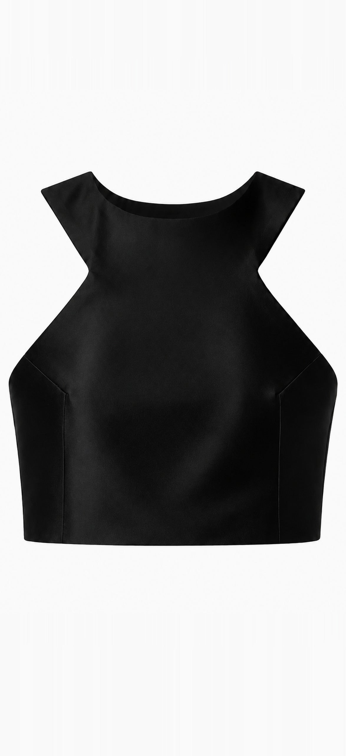 Noir Perlé black satin crop top with shaping darts and a high, modern neckline. PHAGE Paris