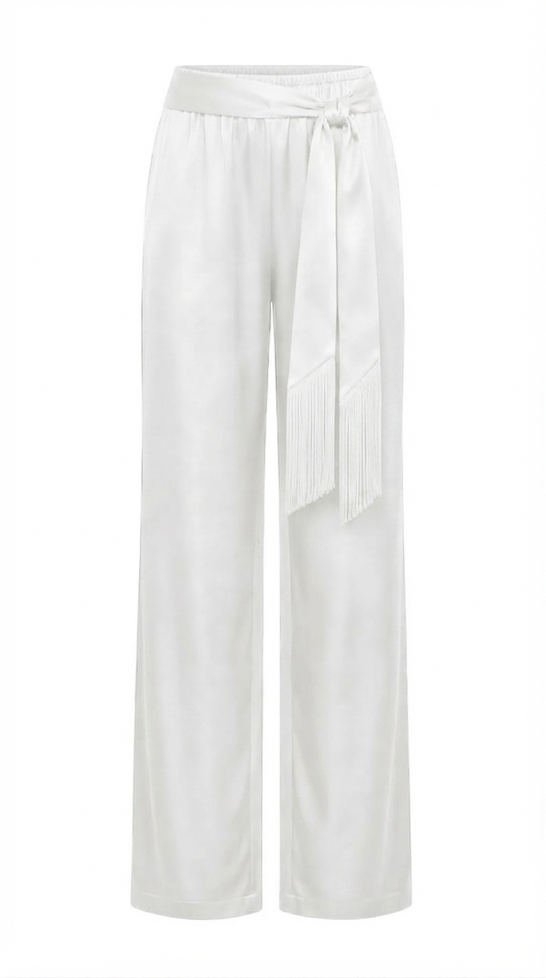 Wide-leg satin trousers with a detachable fringed sash PHAGE Paris