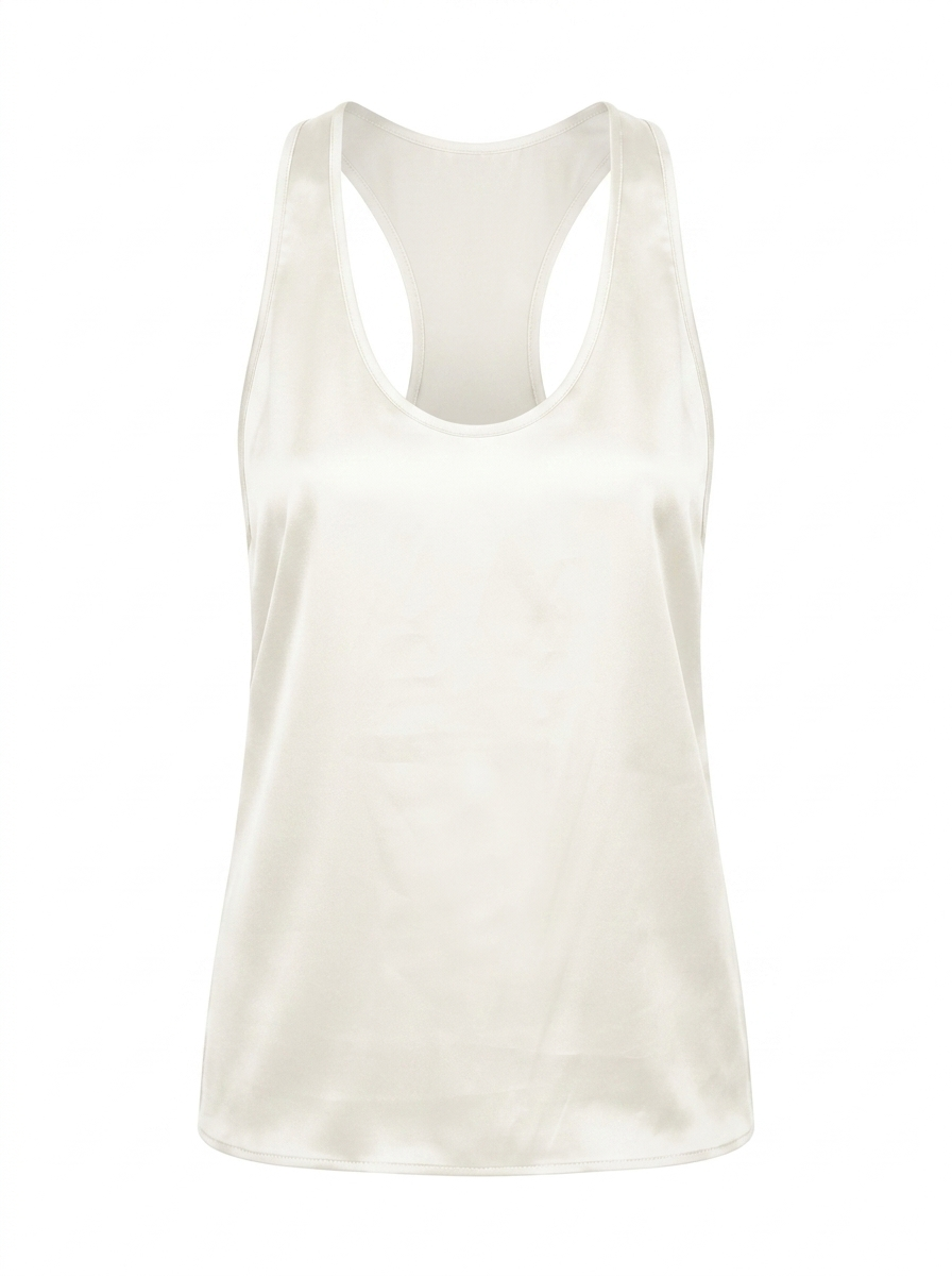 Silky Satin White Mirror Tank in ivory white satin — swimmer-cut racerback, deep armholes. PHAGE Paris